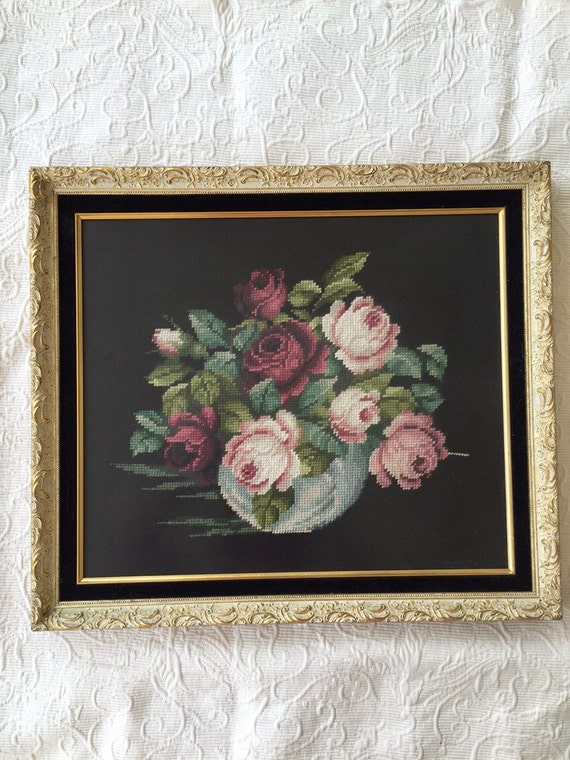 WALL ART Embroidered Floral framed behind glass by BirdsandBunnies