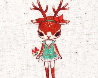 Deer Fabric,Hand Printed Fabric,Deer With Dress,One Panel 6"x 6" (15cm X 16cm) C12a