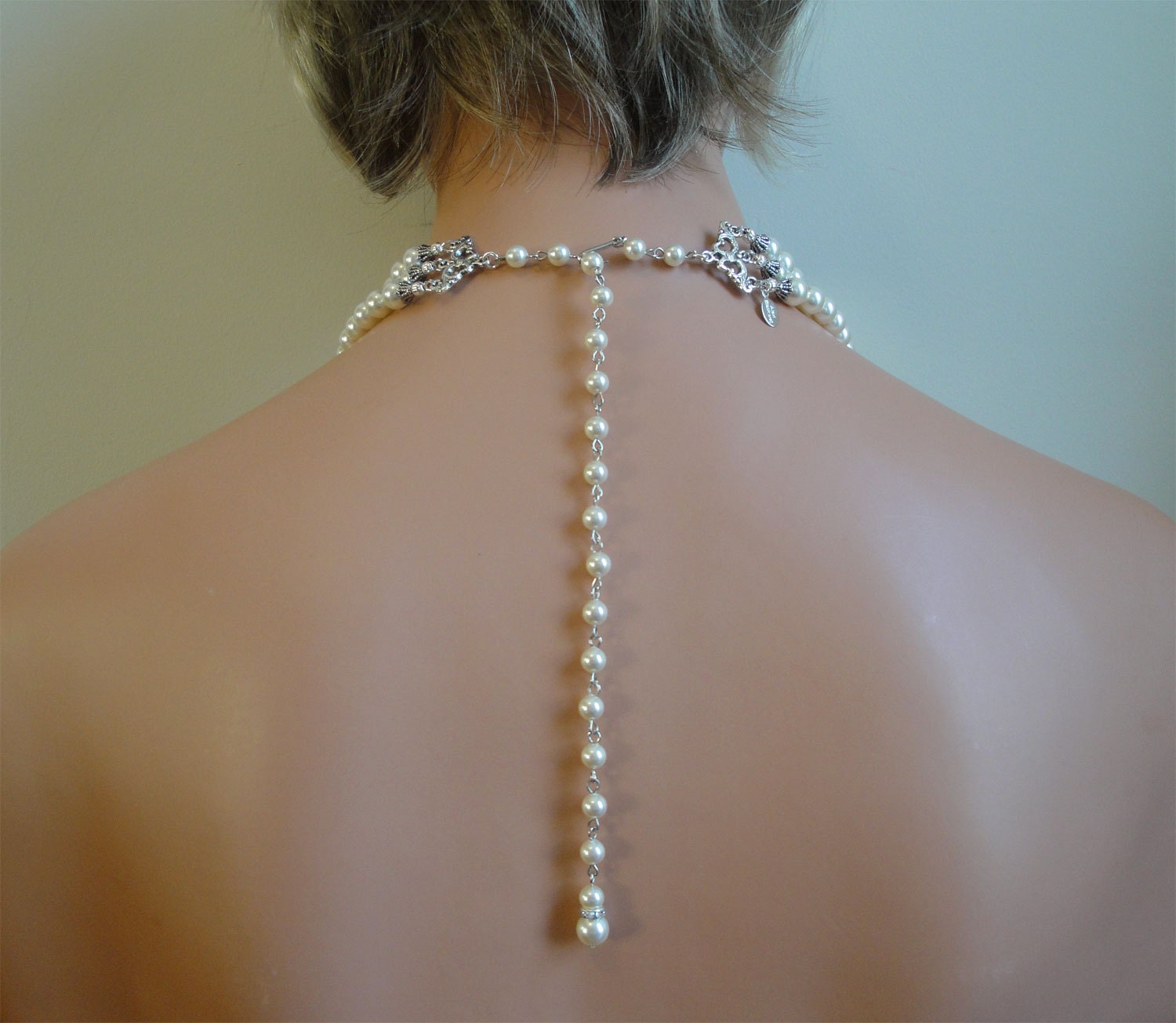 Pearl Backdrop Necklace Set with Rhinestone brooch by AlexiBridal