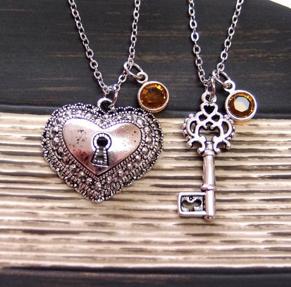 2 Best Friends lock and key necklaces birthstone necklace