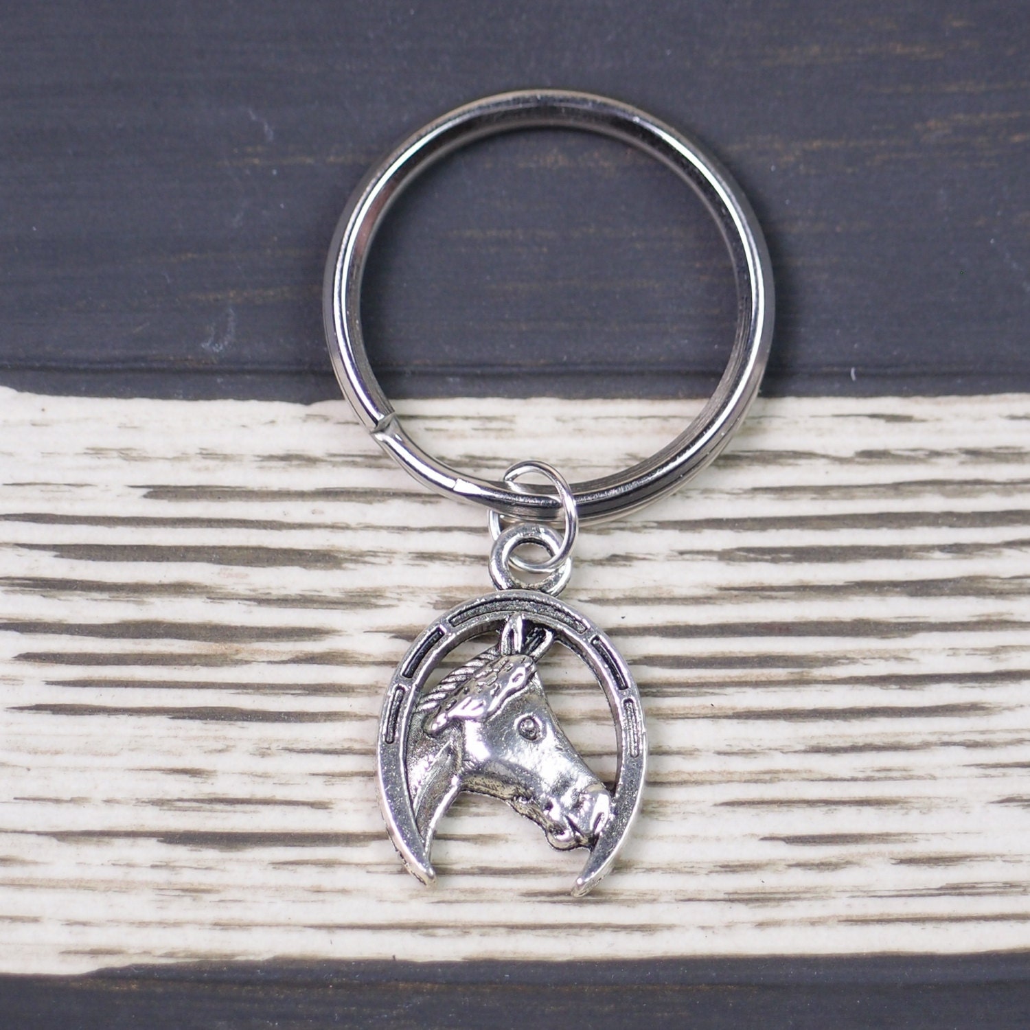 horse head and horseshoe keychain silver horse charm