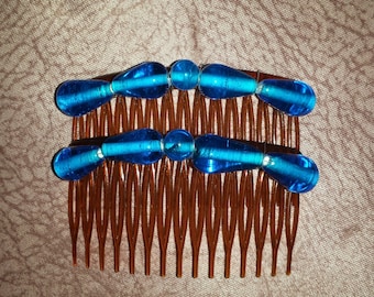 Beaded comb - blue glass beads on brown comb