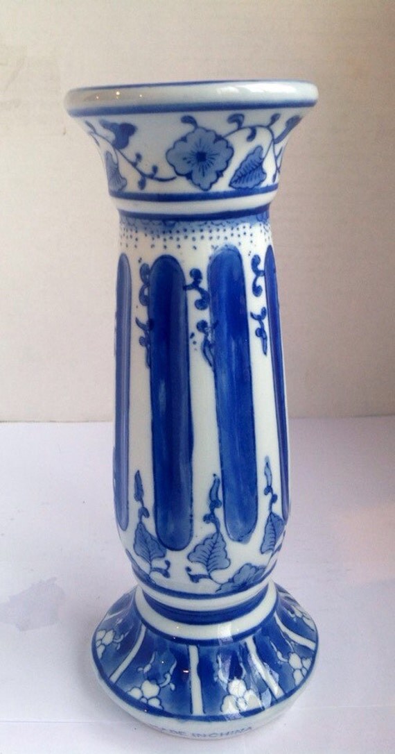Vintage Porcelain Tall Blue and White Candle Holder French