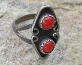 Vintage Sterling Silver Red Coral Ring, Size 5.5 Traditional Native American Indian Ring