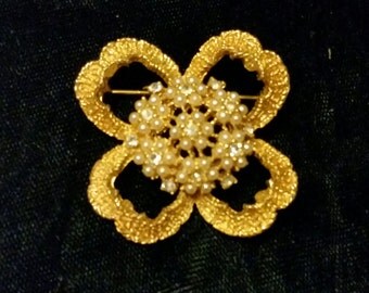Vintage Gold Tone Rhinestone and Faux Seed Pearl Flower Costume Pin Brooch