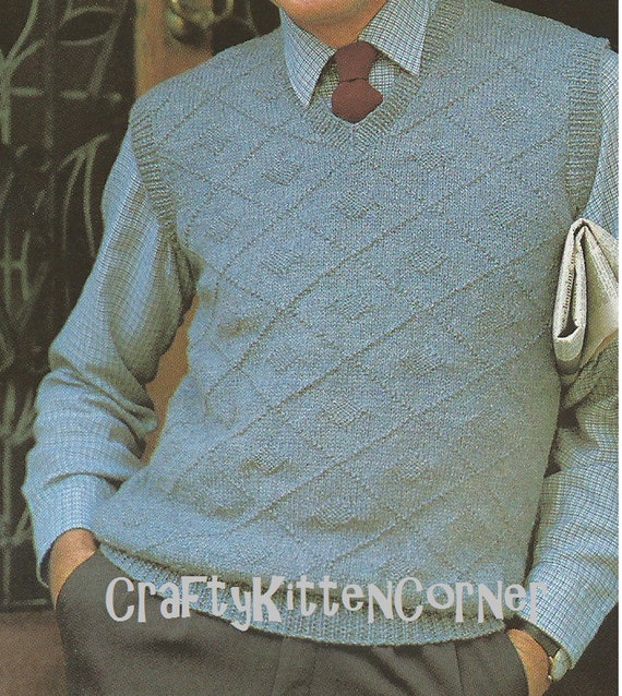 Vintage Mens Diamond Design V Neck Sleeveless Sweater Vest Knitting PDF
