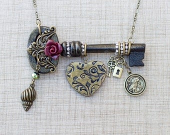 Key necklace, heart charm necklace,