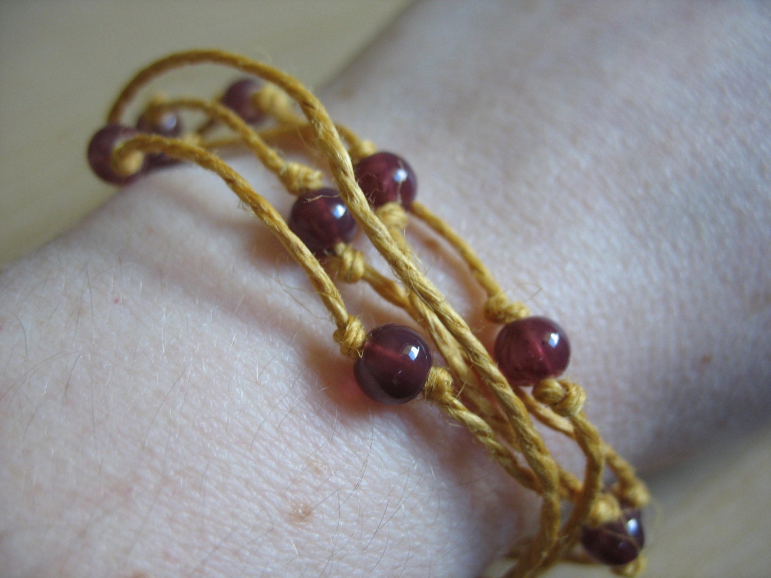 Mustard and Wine Knotted Twine Bracelet