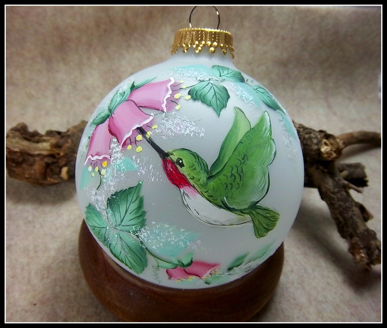 Humming Bird Ornament HandPainted Humming Bird Pink Floral