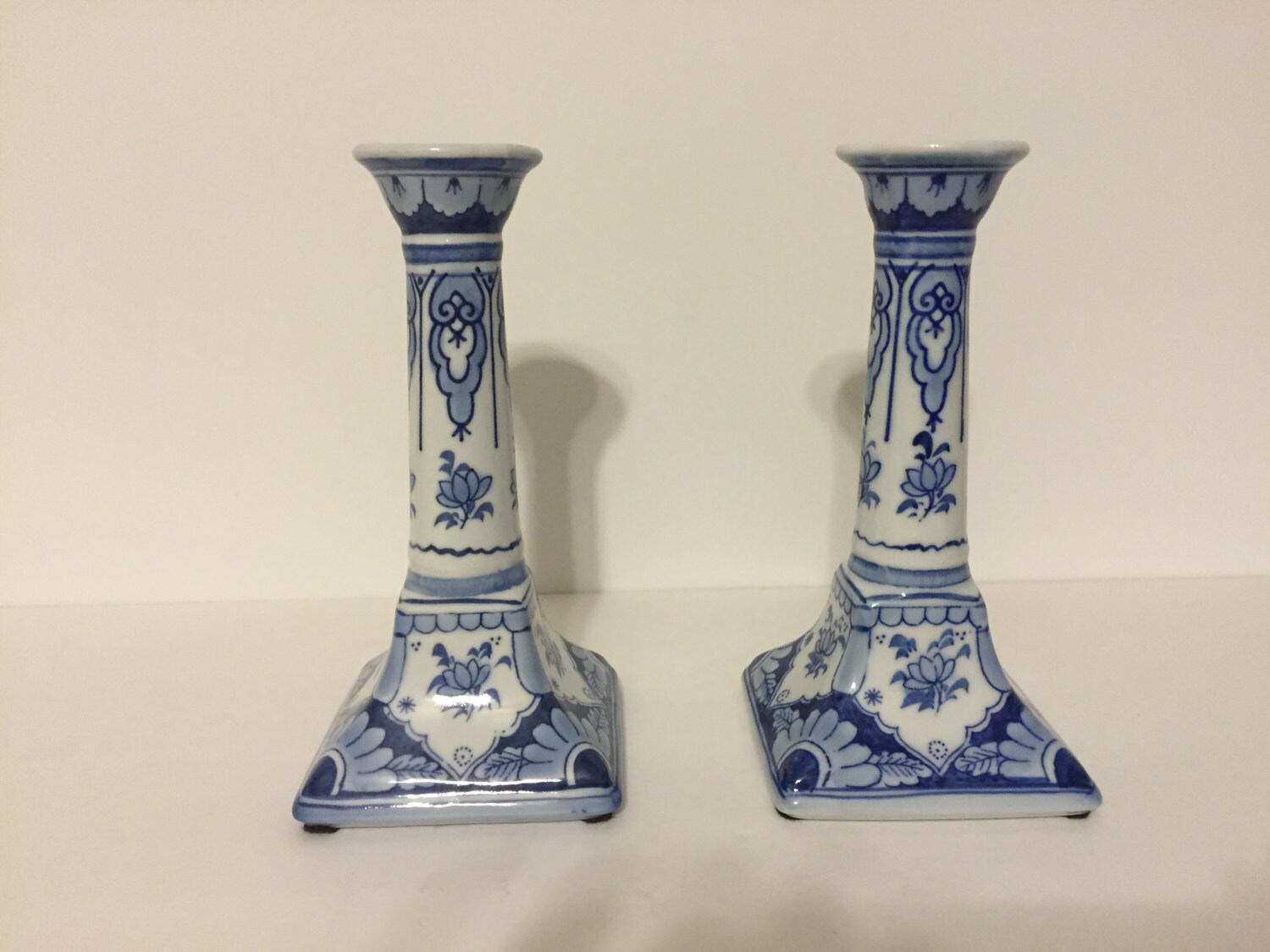 Set of 2/ Blue and White Ceramic Candlesticks by Grandfatherattic