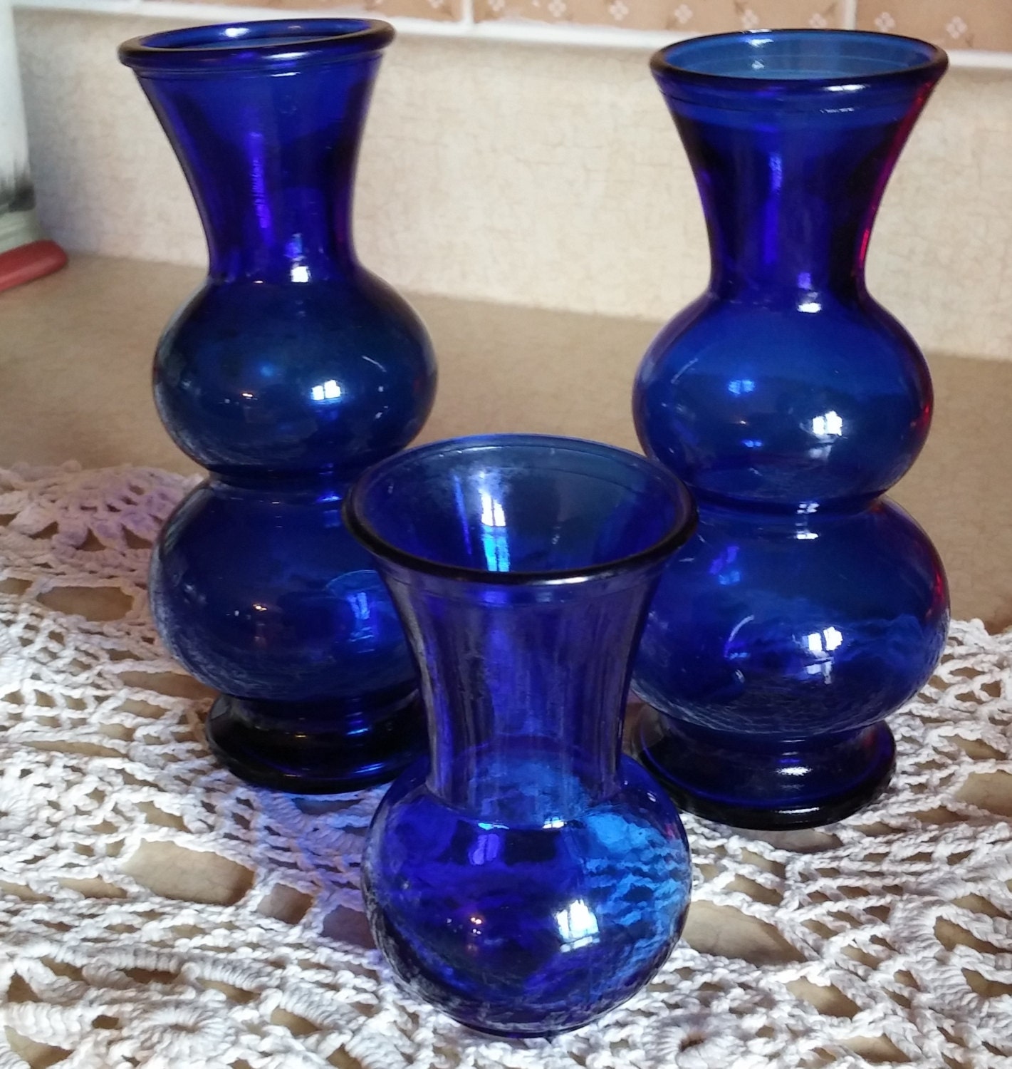 Trio Cobalt Blue Vases Depression Glass Two 6 1/4 Tall