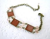 Vintage Style Resin Bracelet, HandPainted with pink crystal beades. Bronze Bracelet. Mothers Day Gift. Adjustable size.