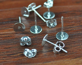 925 sterling silver Earring post 100 pairs 6mm 925 sterling silver plated copper Earring Studs with Round Pads Back Stoppers Earnuts 6x12mm