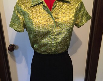 90s green silky button up blouse top