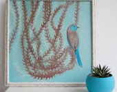 Small bird on a branch  painting. Realistic portrait of a brown and blue bird, animal painting.