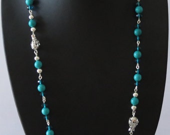 Blue turquoise, silver and Austrian Crystal Necklace solid 925