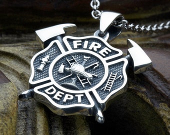 Small Firefighter Fire Department Maltese Cross with Crossed Axes Sterling Silver Necklace Pendant