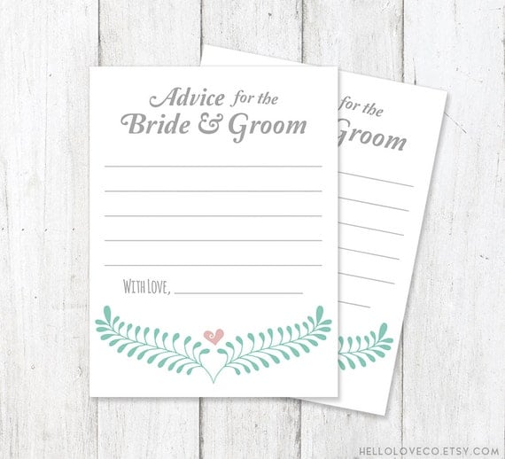 PRINTABLE Advice for the Bride and Groom Cards, Marriage Advice Card ...