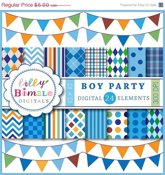 50% off Digital papers for Boys birthday parties bunting scrapbooking plaid, dark blue, orange, green, INSTANT DOWNLOAD Il_570xn