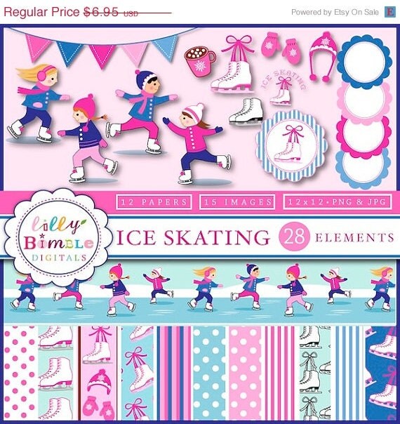 50% off Figure Skating clipart, digital papers, ice skates, girls party, skaters, mittens, ice skating parties INSTANT DOWNLOAD Il_570xn