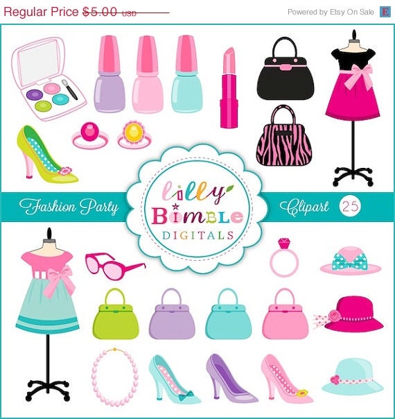 50% off Fashion Party Clipart with Purses, Makeup, Jewelry, high heels, nail polish Digital Download Commercial Use Il_570xn