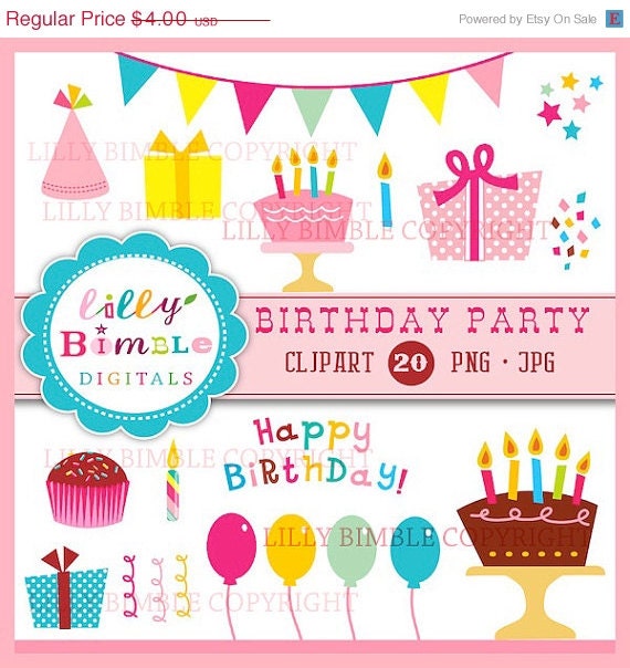 50% off Birthday Party clipart with balloons, gifts, confetti, candles, cupcakes, hats, Instant download Il_570xn