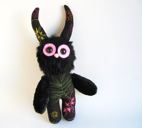 Stuffed Animal Monster Cute Plush Toy Monster Kawaii Plushie Softie Midnight Black Pink Snuggly Cuddly Faux Fur Creature Botanical Print