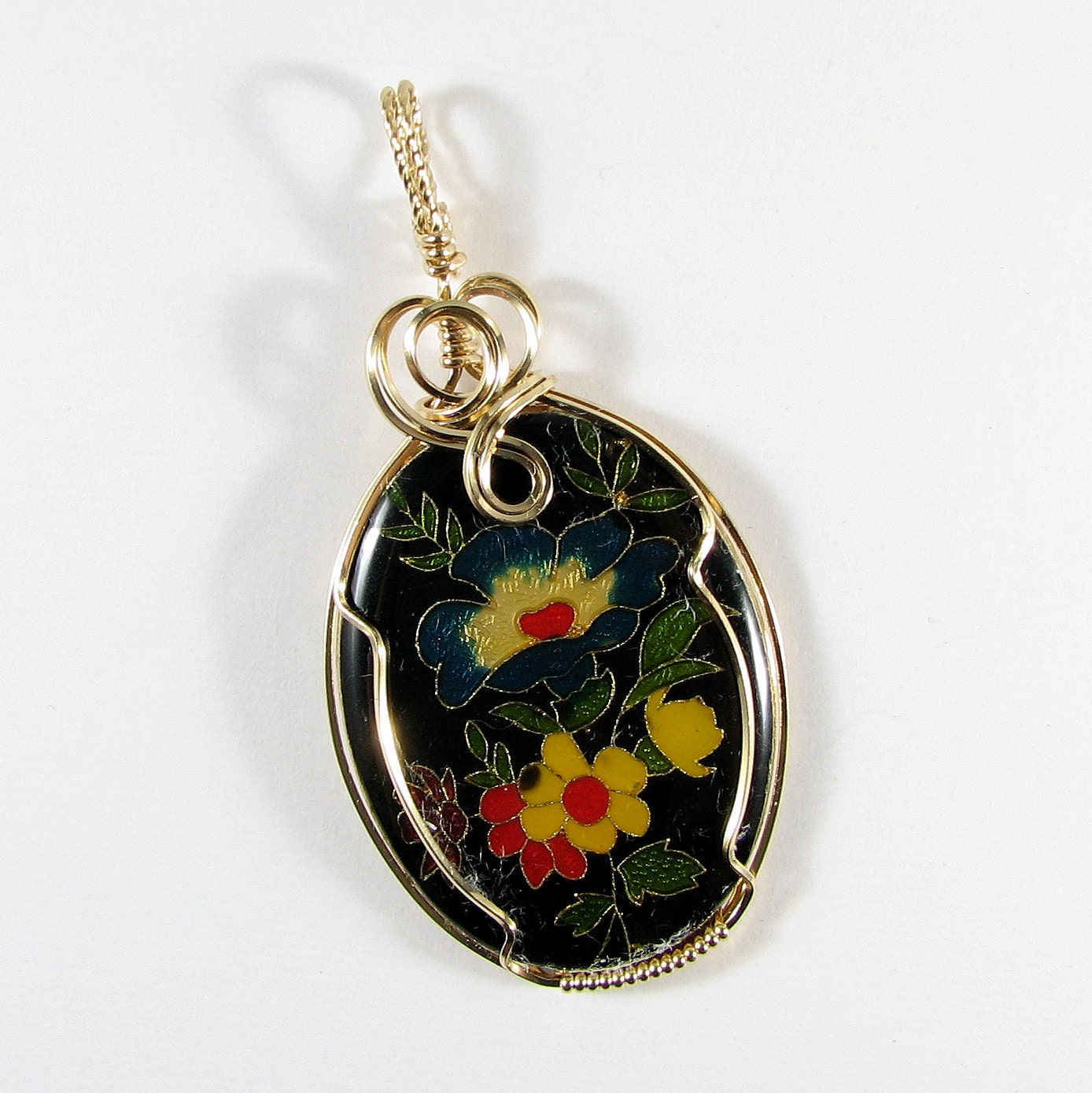 Floral Cloisonne 14k gold filled wire wrapped pendant