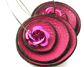 Flower Hoop Earrings with Pink Leather Circles and Roses, Women, EcoFriendly, Unique, OOAK
