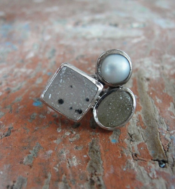 Set Bague Et Pendentif En Druzy Quartz - Vintage Argenté/argent, Taille 7.5, Occasion