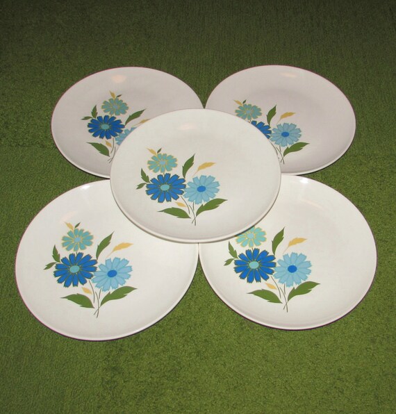 5 Vintage Salem American Ironstone Dinner Plates Blue