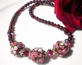 Artisan Floral Lampwork Beaded Necklace w Garnet Gemstones & Siam Swarovski Crystals Artisan Floral Lampwork Beaded Necklace w Garnet Gemstones & Siam Swarovski Crystals