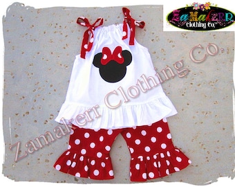 Custom Boutique Clothing Girl Minnie Mouse Outfit Red Polka Dot Pant Set Top Birthday Size 3 6 9 12 18 24 month 2t 2 3t 3 4t 4 5t 5 6 7 8