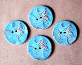 4 Handmade Ceramic Buttons - Moon over Cedar Buttons - Rustic Sky Blue Buttons with Brown Stoneware