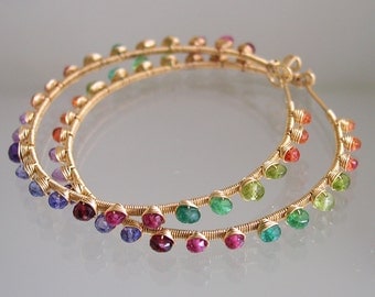 Multi Gemstone Gold Filled Hoops, Rainbow Gem Earrings, Bohemian Hoops, Amethyst, Tsavorite, Tanzanite, Signature Original