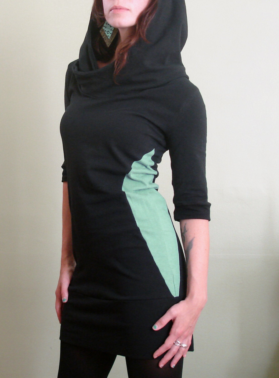 half sleeved hooded tunic dress Black/Mint color by joclothing