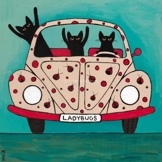 The Ladybugs Road Trip Whimsical Cat Folk Art Print 8x8 10x10