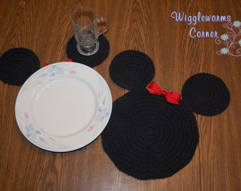 Handmade Crocheted Inspired Mickey/Minnie Mouse Placemats - (Sets of 2, 4,6 or 8)