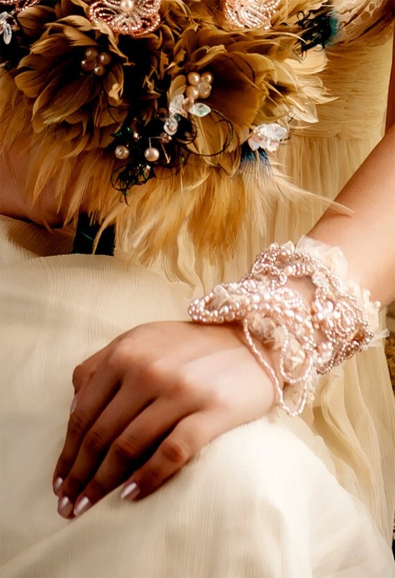 Bridal cuff bracelet rose gold champagne by HAIRBOWSWONDERWORLD