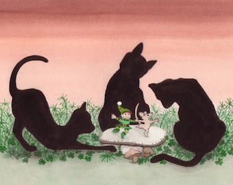 Dancing leprechauns surrounded by black cats / Lynch signed folk art print