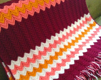 SALE Vintage Crocheted Zig Zag Chevron Afghan Blanket Throw with Fringe, Handmade Cottage Chic Decor Bedding