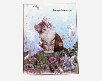 Vintage Wood Souvenir Trinket Box, Cat / Kitten and Fairy Decoupaged Lid