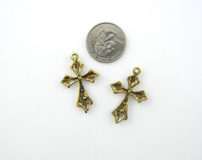 Pair of Burnished Gold-tone Dark Ruby Red Rhinestone Cross Charms