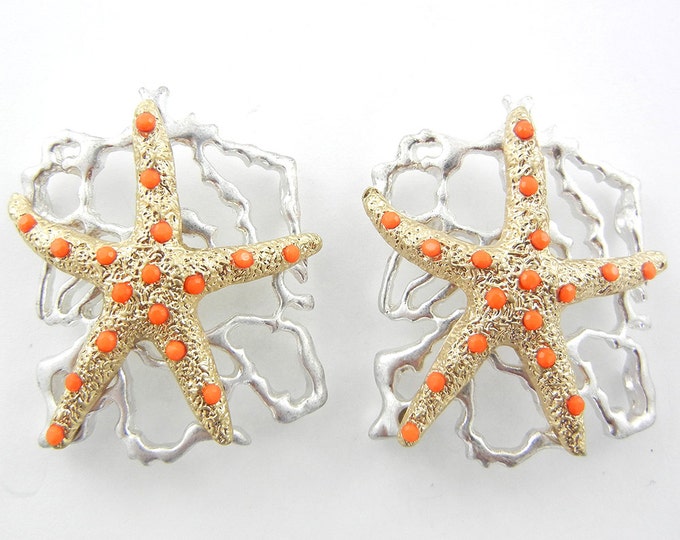 Pair of Two-tone Marine Starfish Slide Charms with Tiny Acrylic Coral Cabochons