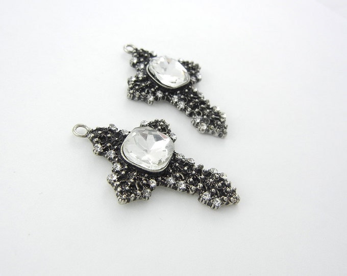 Pair of Antique Silver-tone Textured Rhinestone Cross Charms