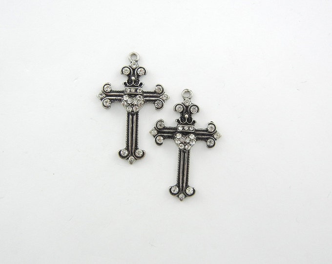 Pair of Antique Silver-tone Cross Charms with Rhinestones