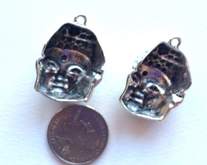 Pair of Buddha Head Charm Pendants Pewter Dimensional