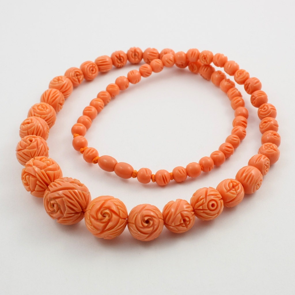 RESERVED Vintage Carved Celluloid Necklace Coral Celluloid
