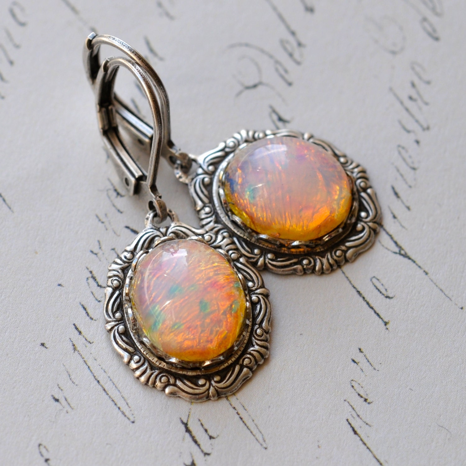 Pink Opal Earrings Vintage Glass Opals In Silver By Elvesgarden 6093