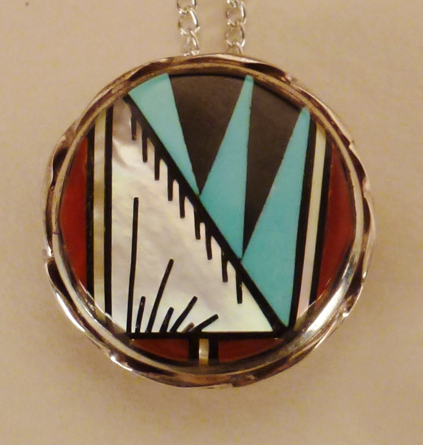 SOUTHWESTERN ZUNI INLAID Pendant Pin Sterling Signed by artist